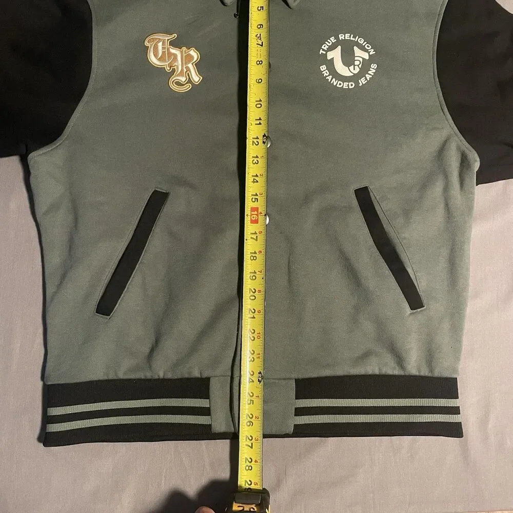 True Religion Men’s Collared Varsity Jacket Patches Size L Green Fleece Patches